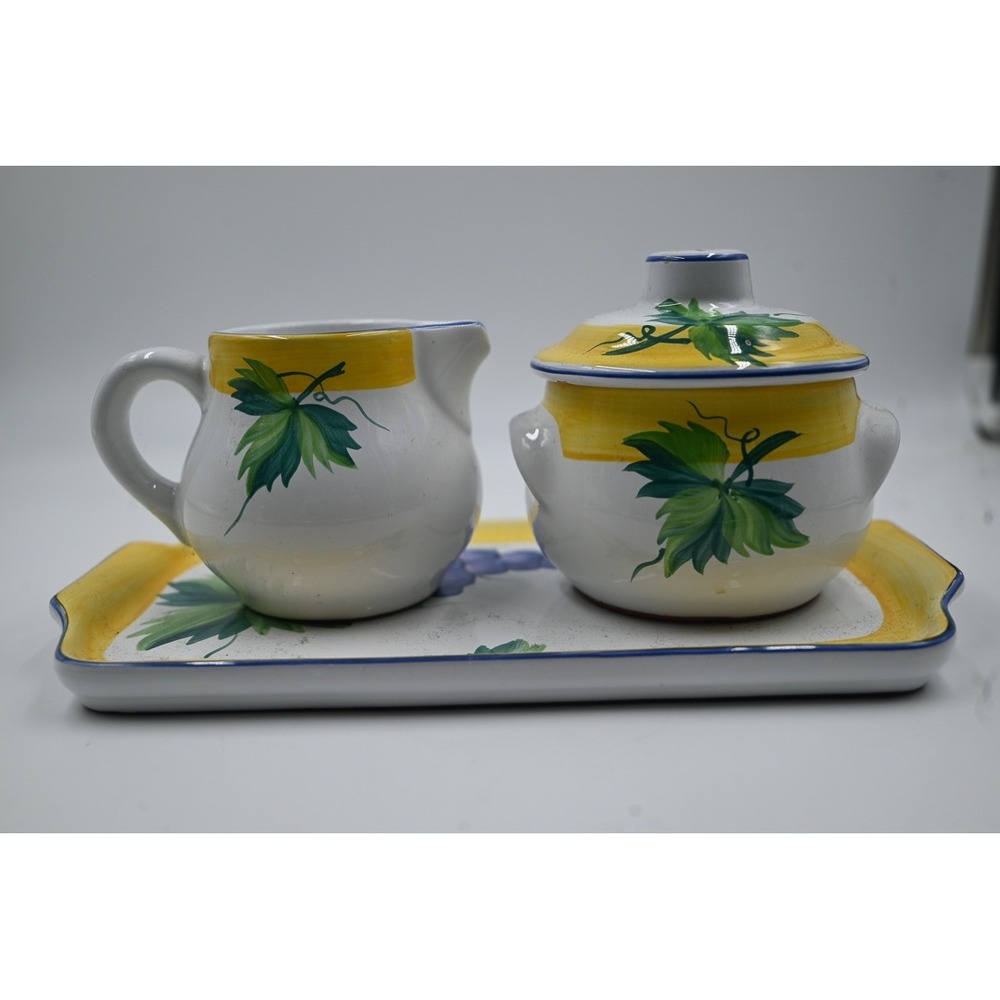 Present Tense Home Artistry Cream Sugar Set with Tray Handpainted Hungary Grapes
